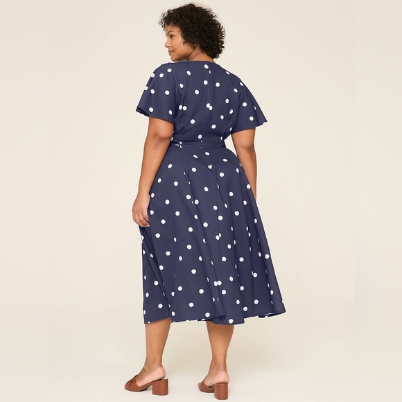 Lane Bryant Navy Polka Dot Lena V Neck Level Hem Midi Dress Womens Plus Size 24 - Picture 2 of 11